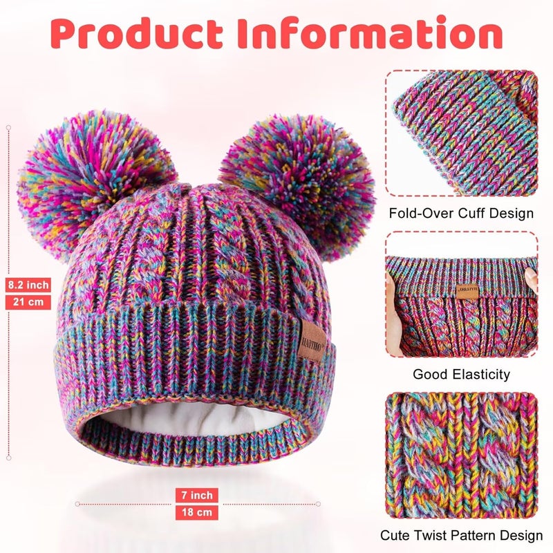 HAITHO Winter Hat for Kids Toddler Children, Girls Beanie with Double Pom Pom Warm Fleece Lined, Girls Accessories Knit Cap - Image 2